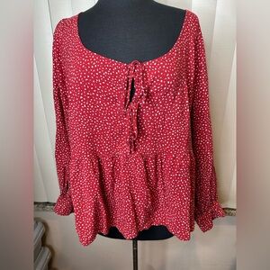 AVA & VIV SBabydoll Top Red White Pattern Blouse Tie Front Long Sleeve Size 1X